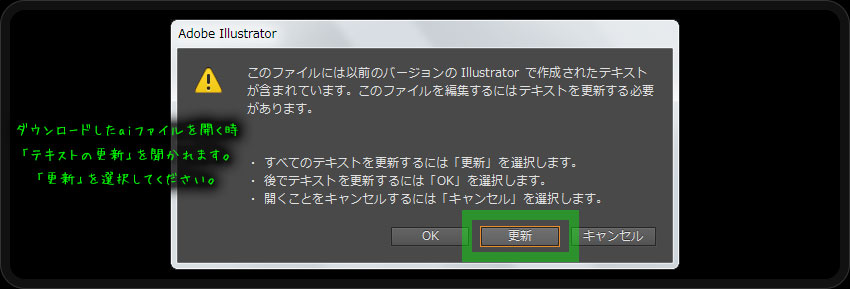 ダウンロードしたファイルをillustratorで開く時、「テキストを更新しますか？」と聞かれますので、「更新」を選択してください。